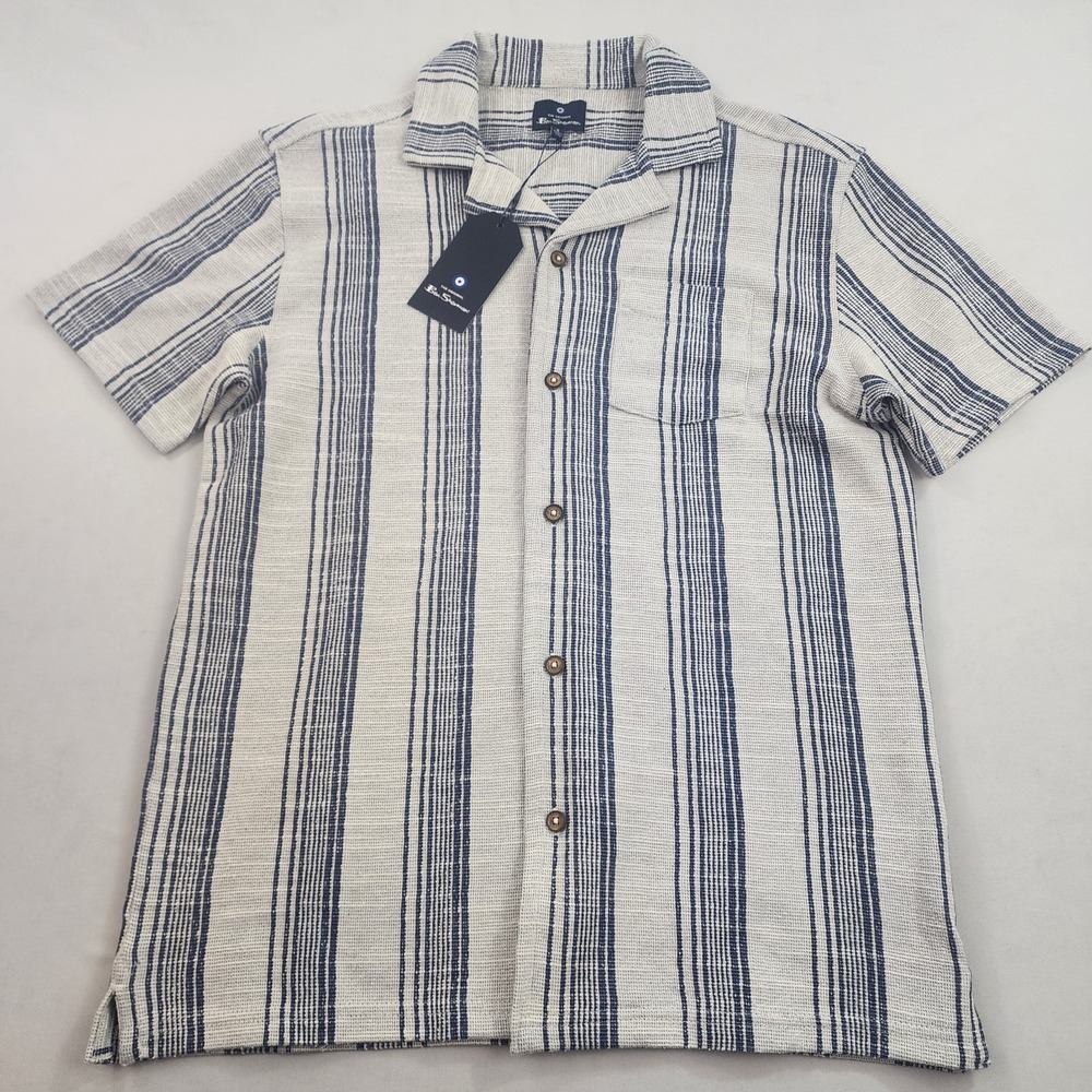 Ben Sherman Mens Short Sleeve Button Up Shirt Blue Tan Striped BS25SK632 Small